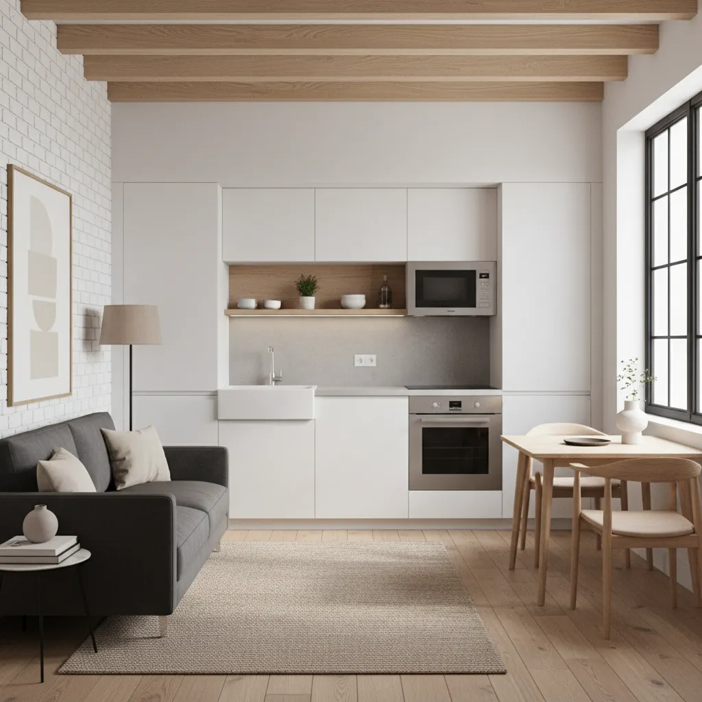 Không gian phòng khách và bếp mở trong nhà 40m2