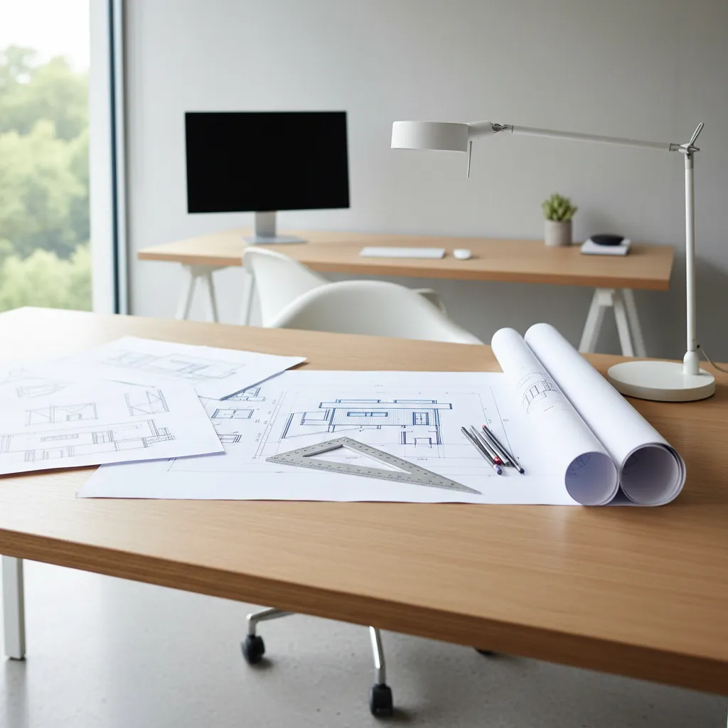 architect reviewing a 1000 sq ft house floor plan blueprint on desk