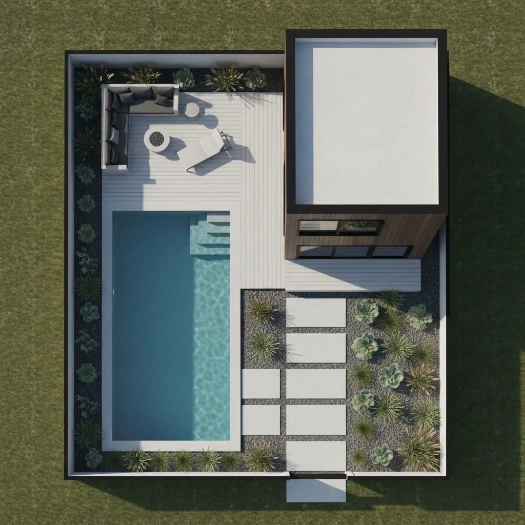 Distribución de patio pequeño con piscina lateral