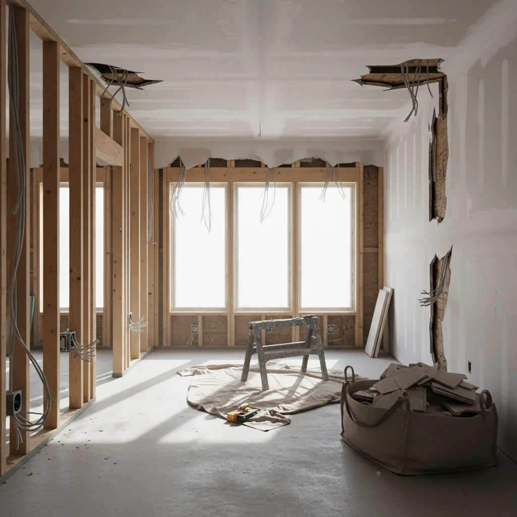Interior room under renovation with wooden wall frames, hanging wires, sawhorse, and construction waste bag