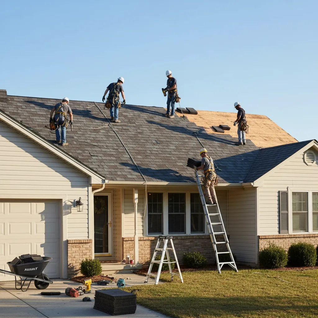 Small single story home with roofing crew replacing shingles