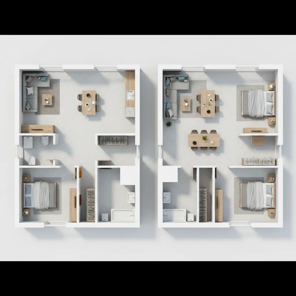 Comparison of crowded versus open small house room layouts