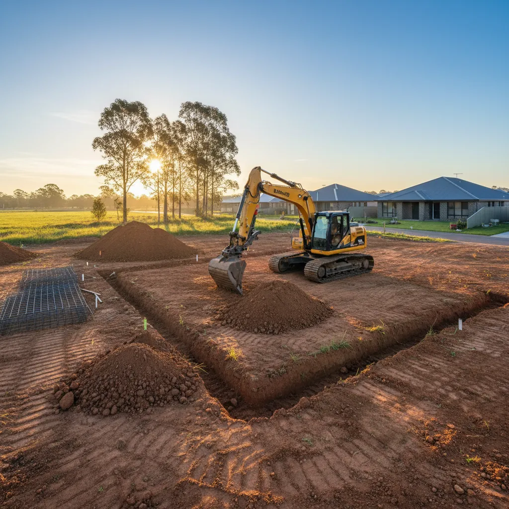 Site preparation and foundation work for a small house build