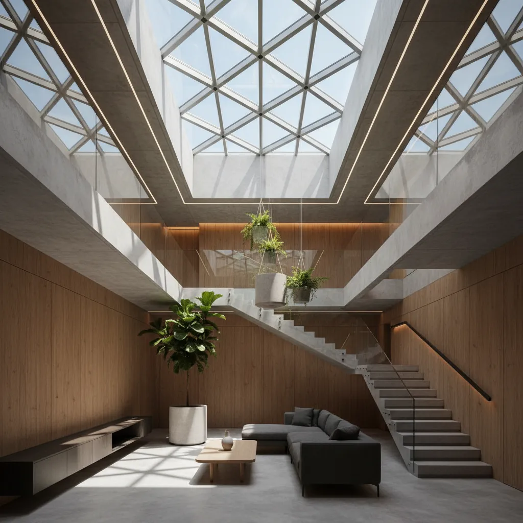 Modern living room with glass roof window wooden wall panels grey sofa and concrete stairs