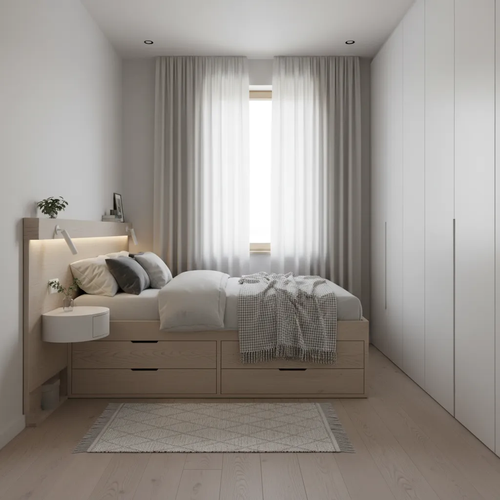 Dormitorio pequeño con almacenamiento integrado bajo la cama