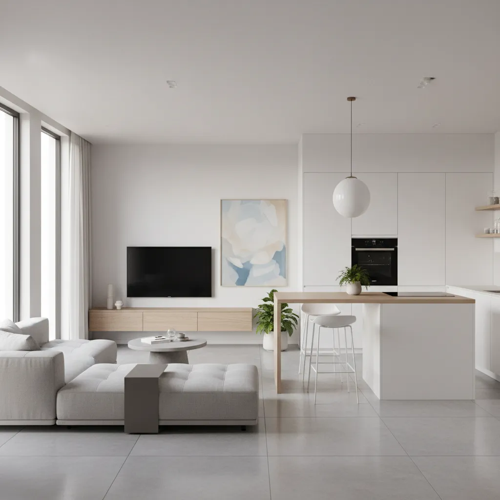 Modern living room with grey sofa white kitchen island round ceiling light and wall art