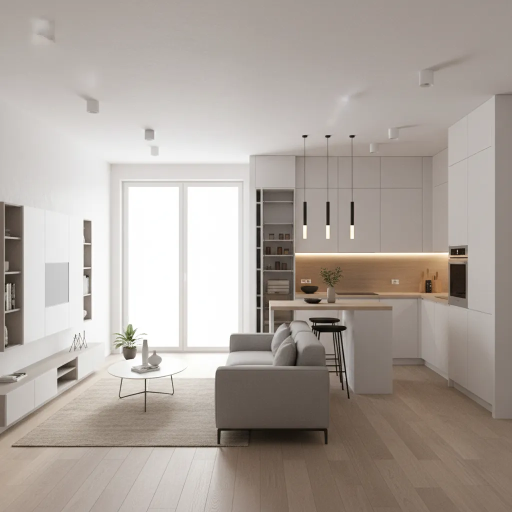Modern white open plan living room with grey sofa wood flooring kitchen island and windows