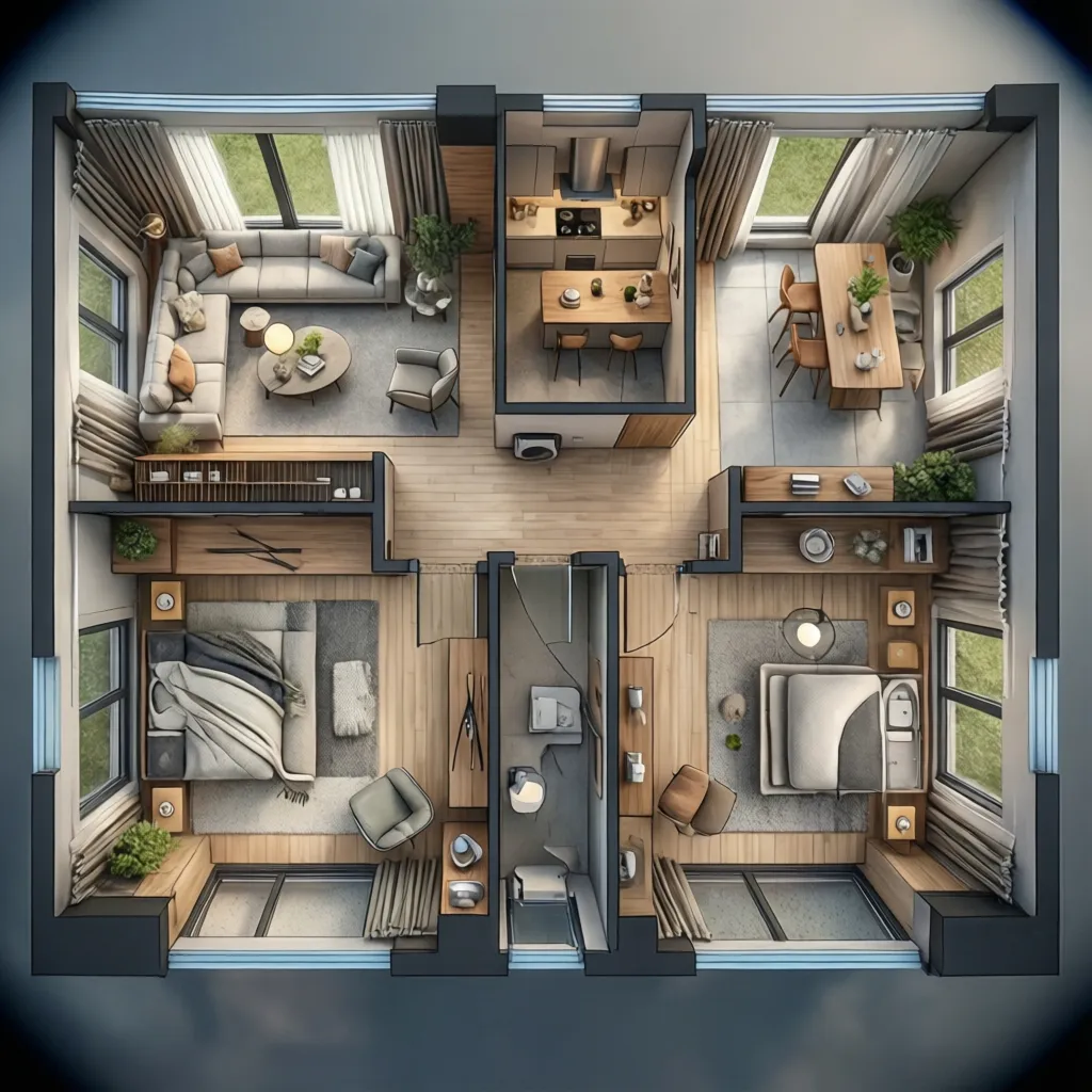 Interior design drawing of a two bedroom apartment with living room, kitchen, and dining area
