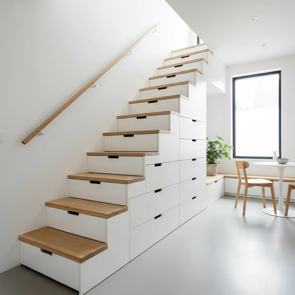 Escalera con almacenamiento integrado en casa pequeña