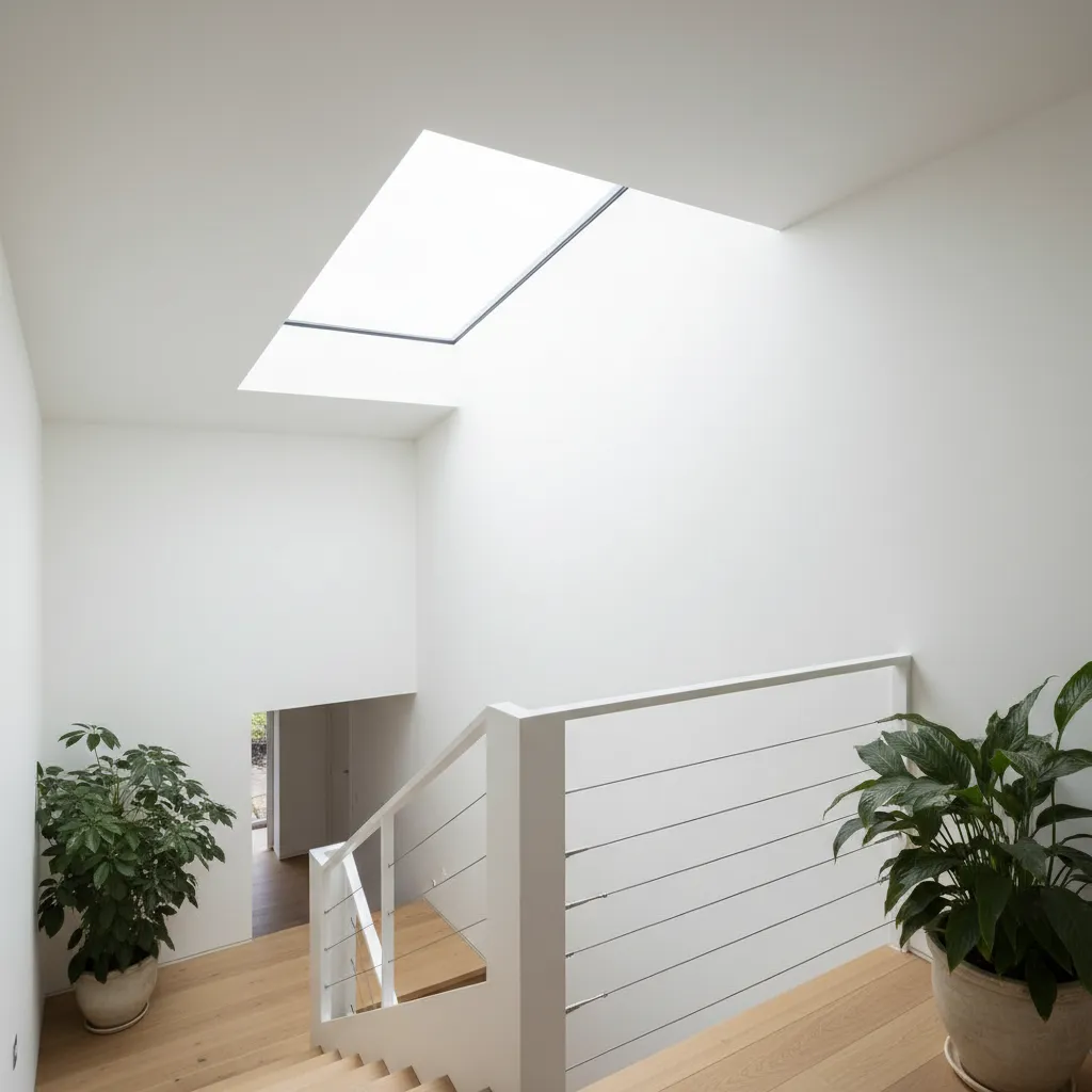 Minimalist indoor staircase with wooden steps white railing green plants and a large roof window