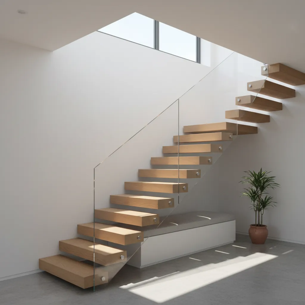 Modern wooden floating staircase with glass railing under skylight and a small green potted plant