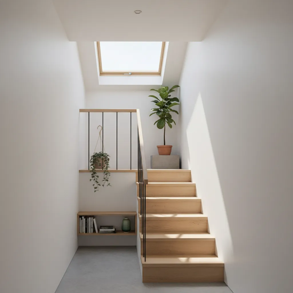 Cầu thang nhà nhỏ kết hợp giếng trời trong nhà 4x8m