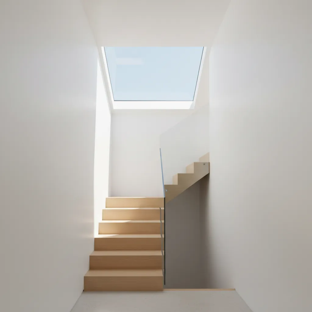Modern wooden staircase in a white hallway featuring a glass railing and a large roof window