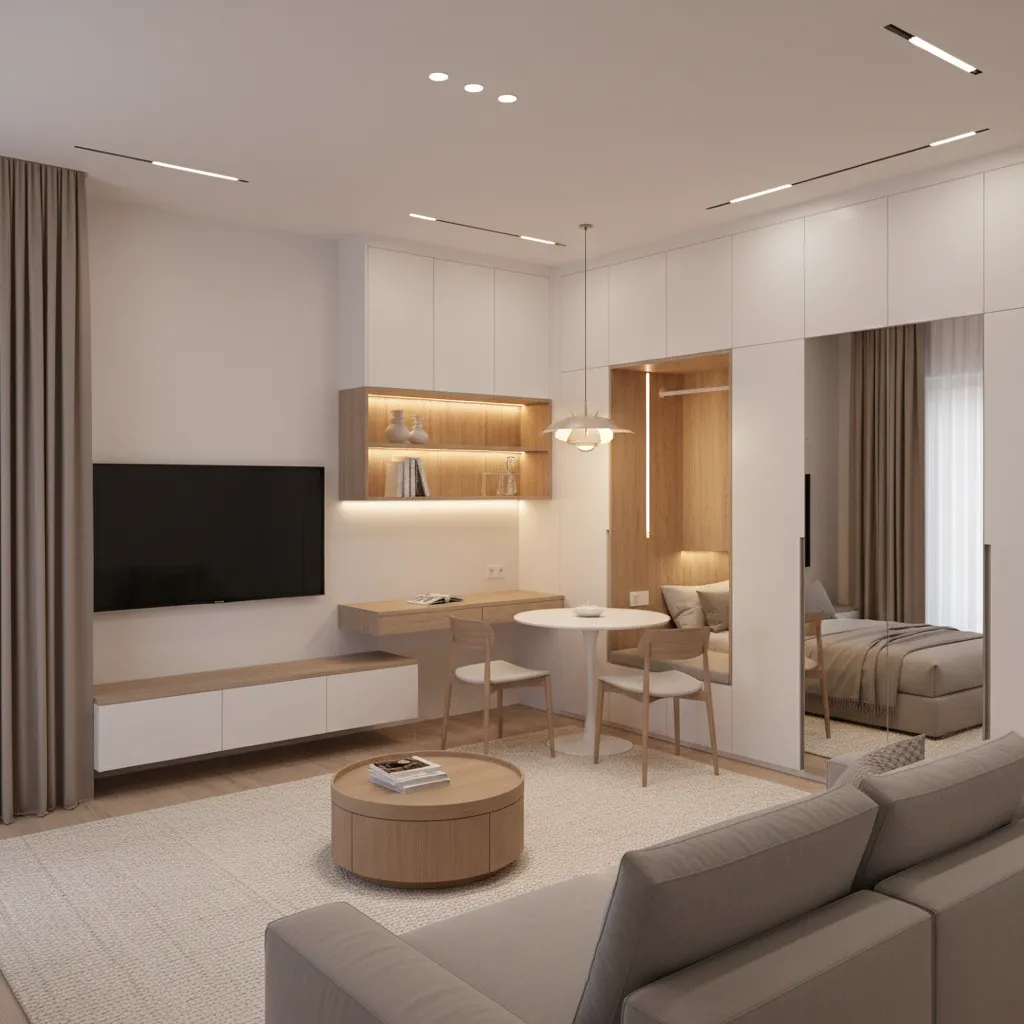 Small apartment living area with white storage cabinets television desk and a round dining table