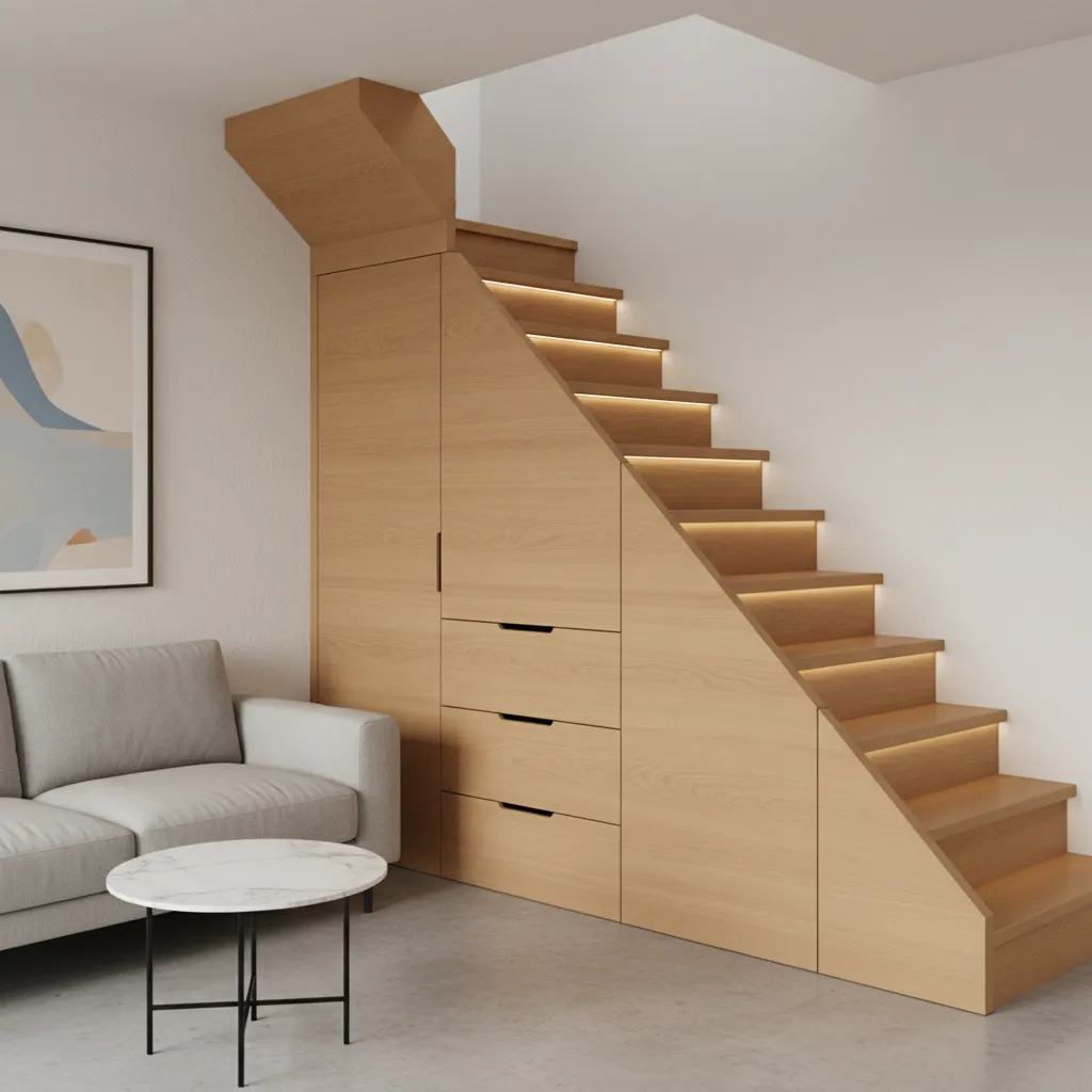 Wooden stairs with built in storage cabinets and drawers next to a grey fabric sofa