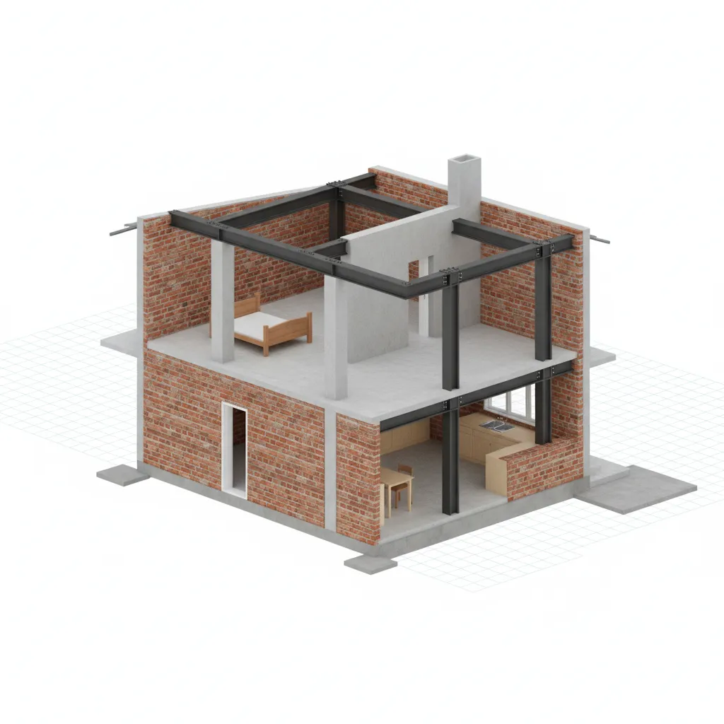 Overview diagram of brick masonry, concrete frame, and steel frame house structures