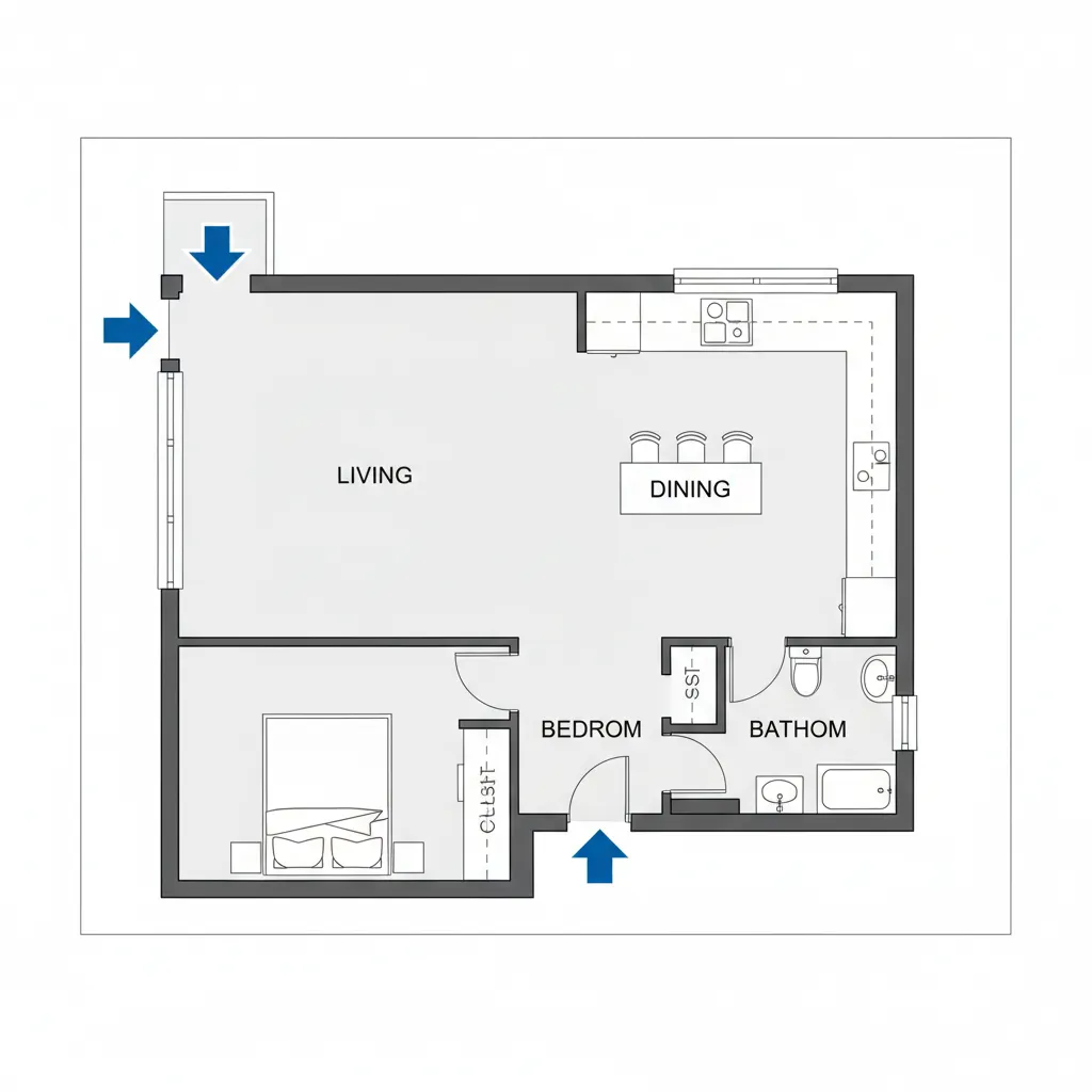 tiny house floor layout showing circulation paths and zoning