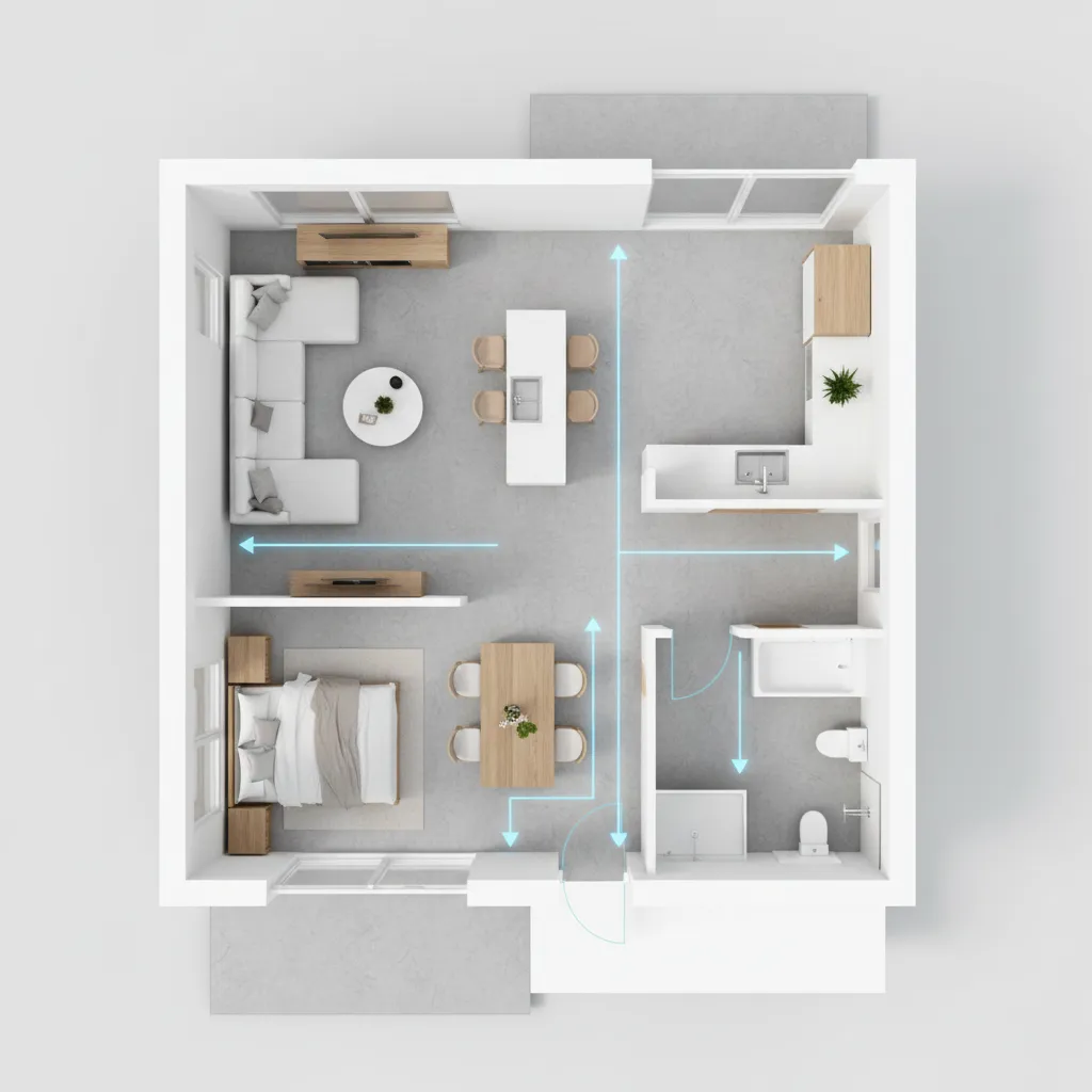 Small house floor layout demonstrating clear circulation path between rooms