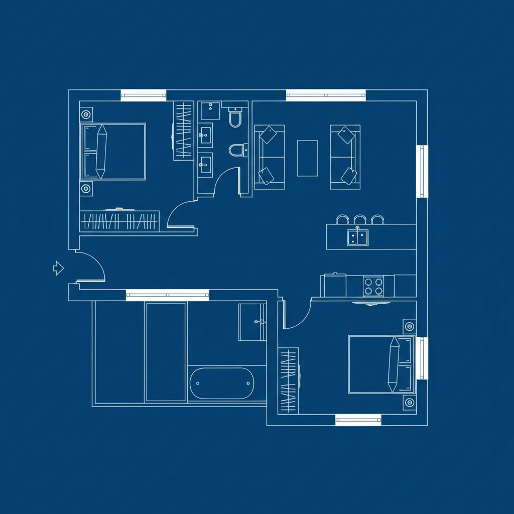 Plano de casa pequeña con dos dormitorios y sala abierta
