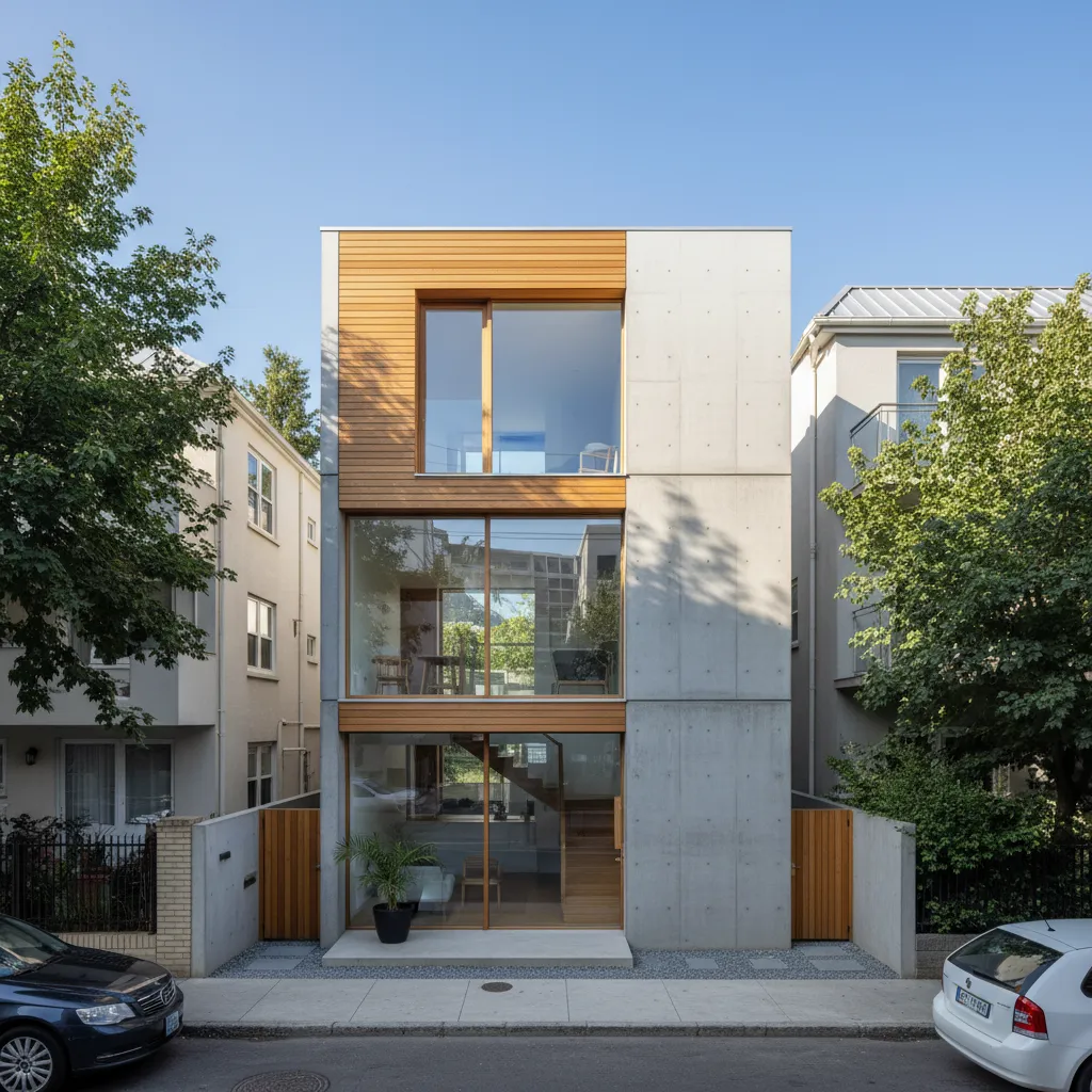 Modern three story house exterior with wood panels concrete walls large windows and street view