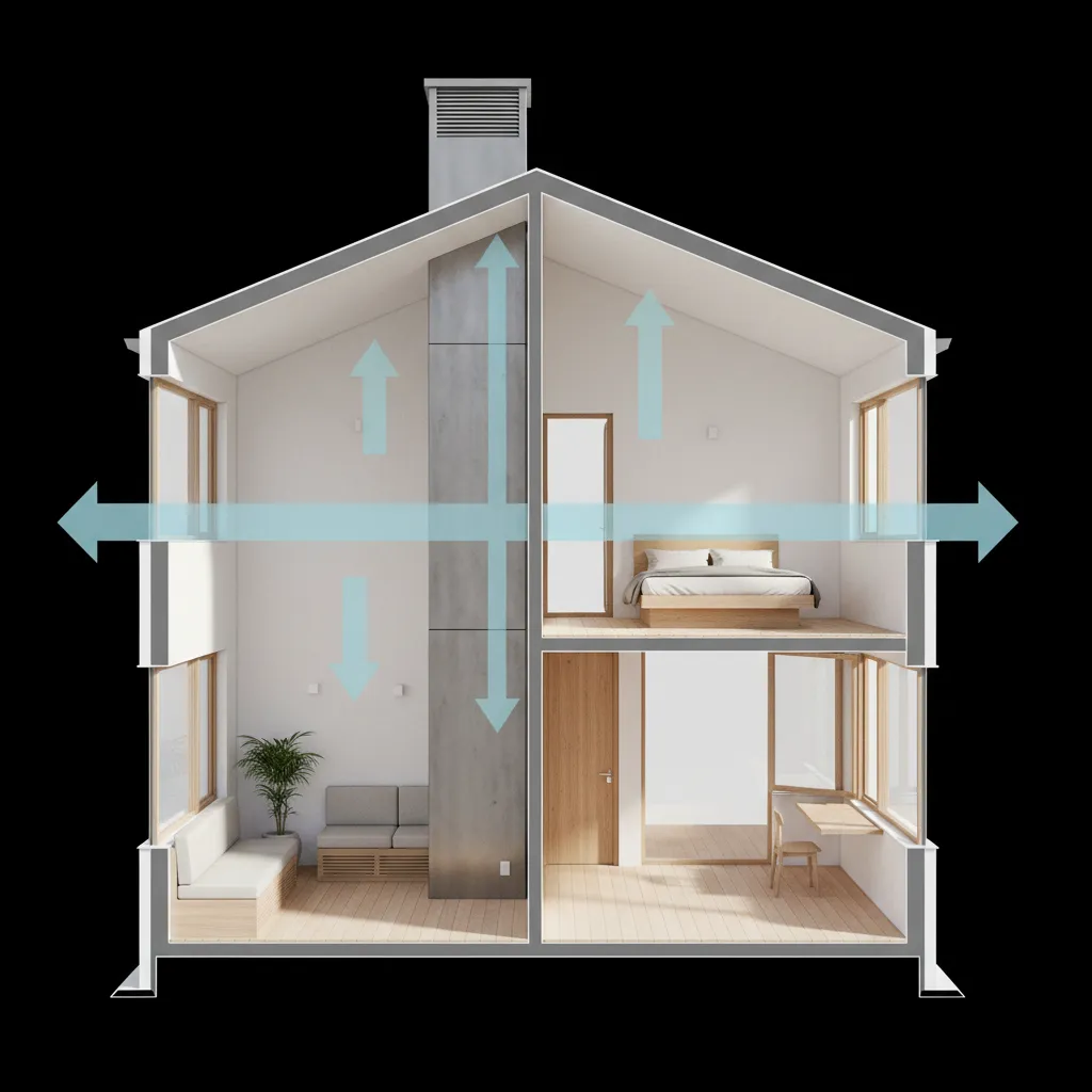 Cross section interior design drawing showing air flow arrows in a two story small modern house