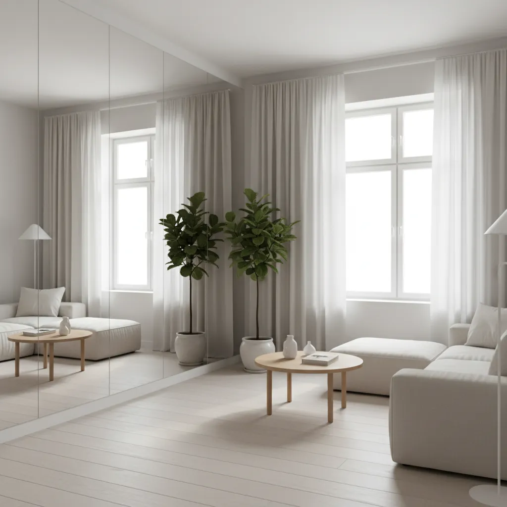 Living room with large wall mirrors reflecting white sofa green plants and white window curtains