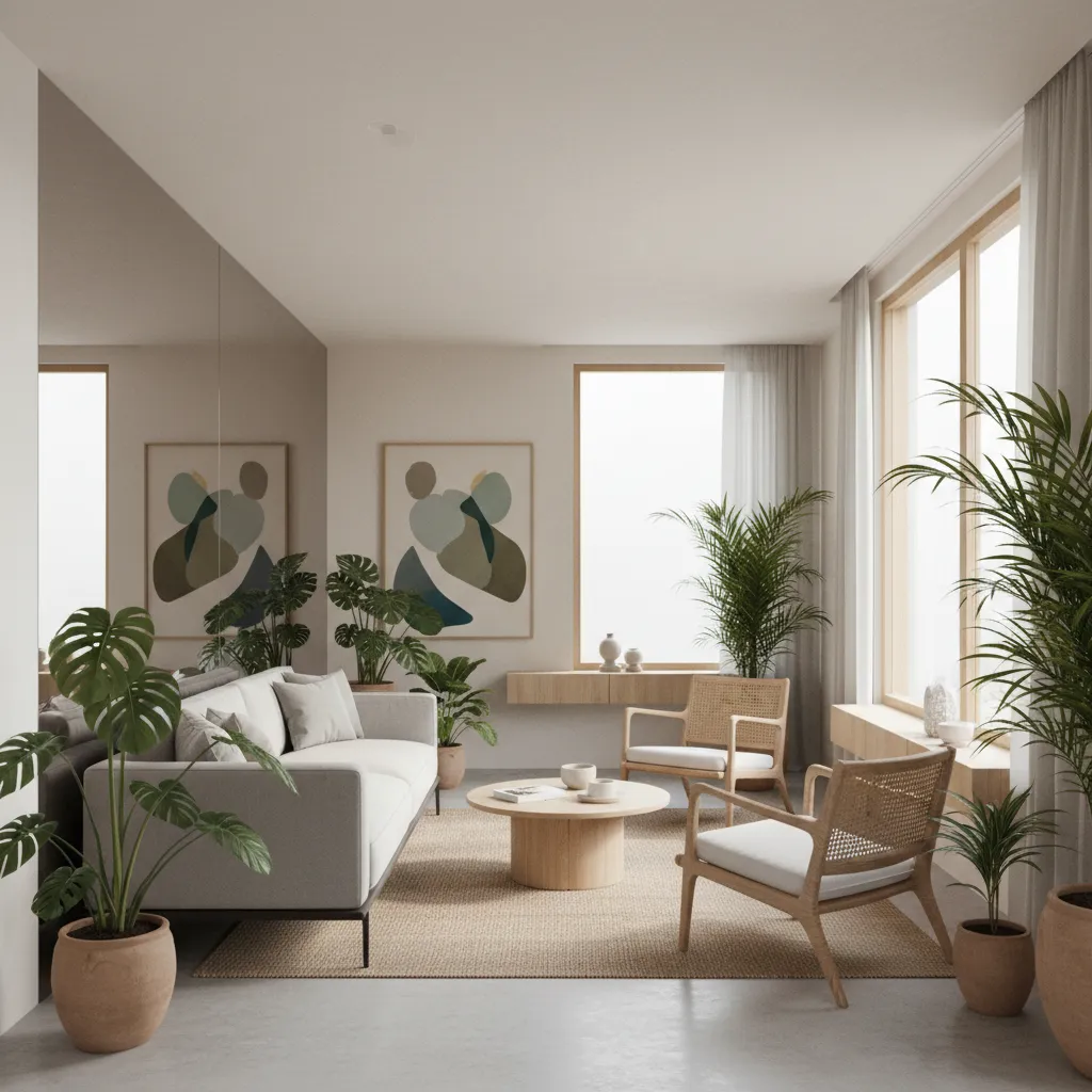 Interior de casa pequeña con colores claros y muebles ligeros