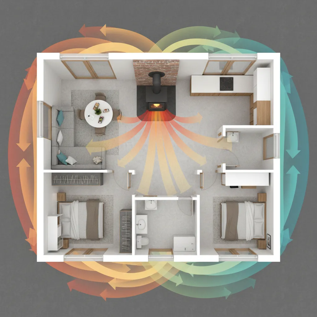 Heat distribution visualization from wood stove in a small house floor plan
