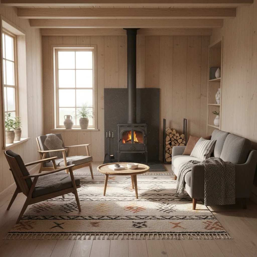 Compact living room with wood stove heating a small house interior