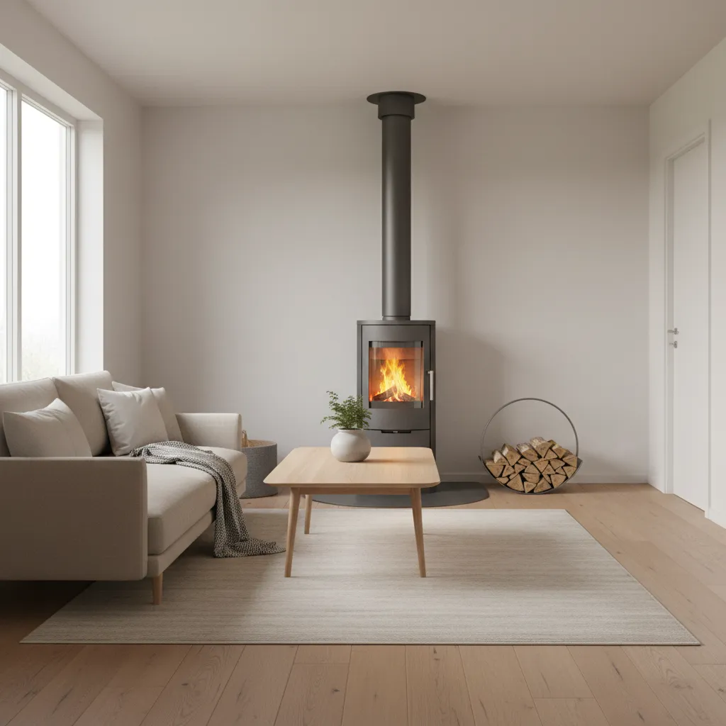 Compact living room with wood stove heating a small house interior
