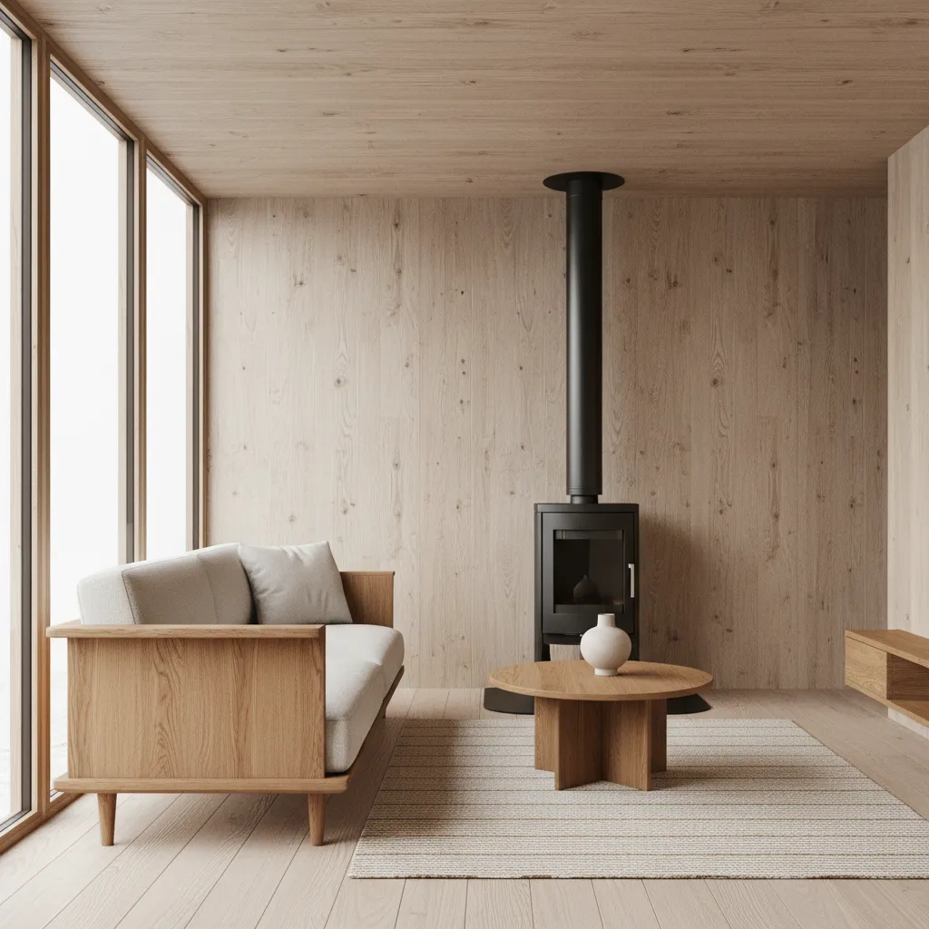 Compact living room with wood stove installed in a small house