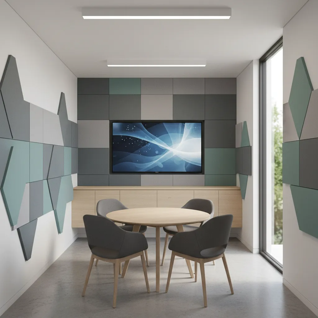small huddle meeting room with round table and screen