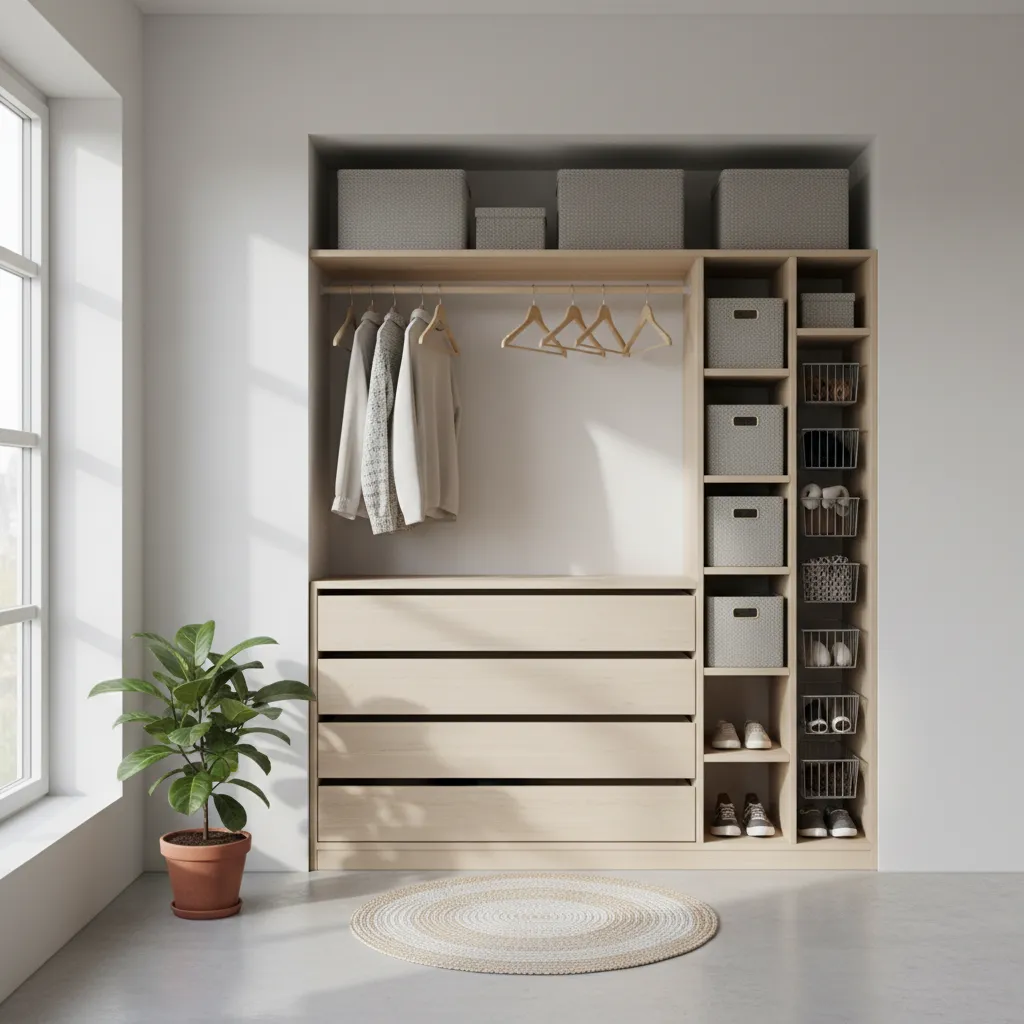 Armario pequeño optimizado con cajones y doble barra