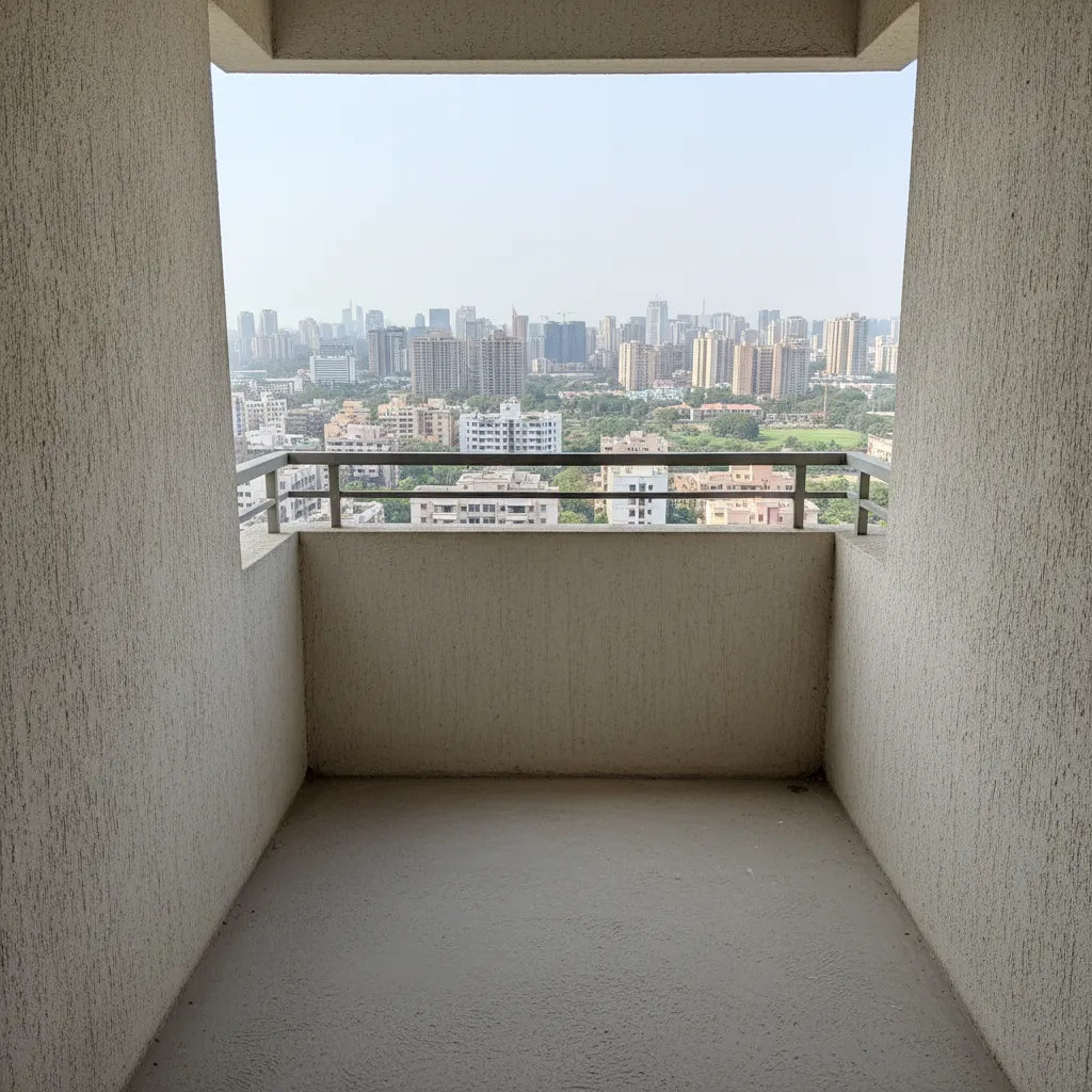 Empty small apartment balcony typical in Indian city apartments