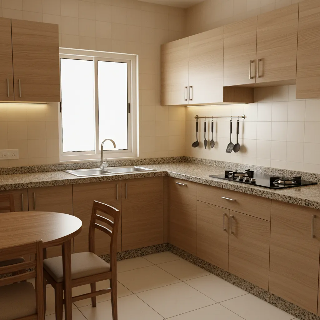 Small Indian apartment kitchen with compact cabinets and granite counter