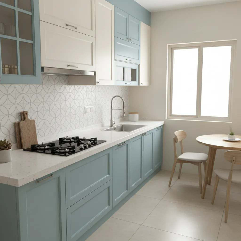 Compact Indian apartment kitchen with modular cabinets and efficient layout