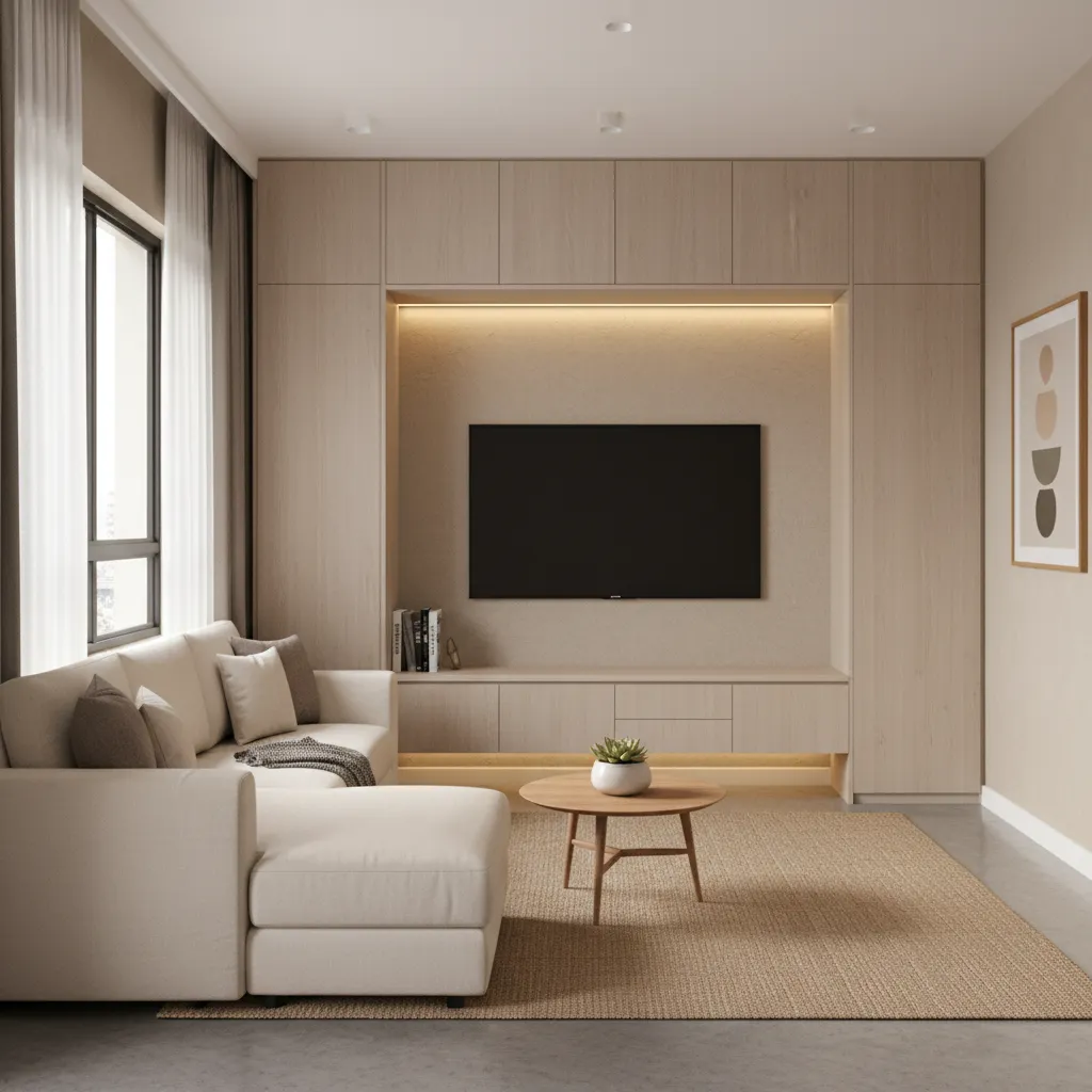 Compact Indian apartment living room with modular furniture and efficient layout