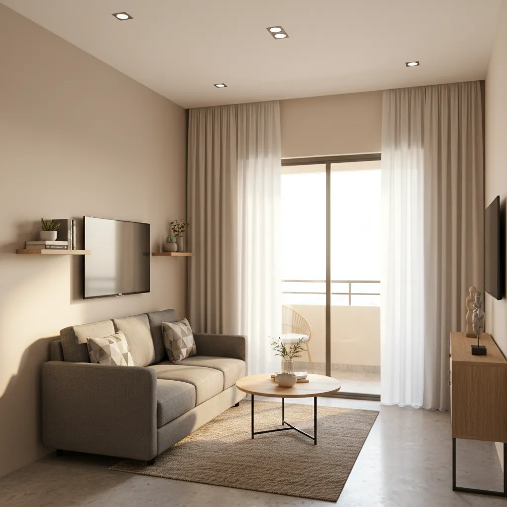 Compact Indian apartment living room with sofa, TV wall and balcony light