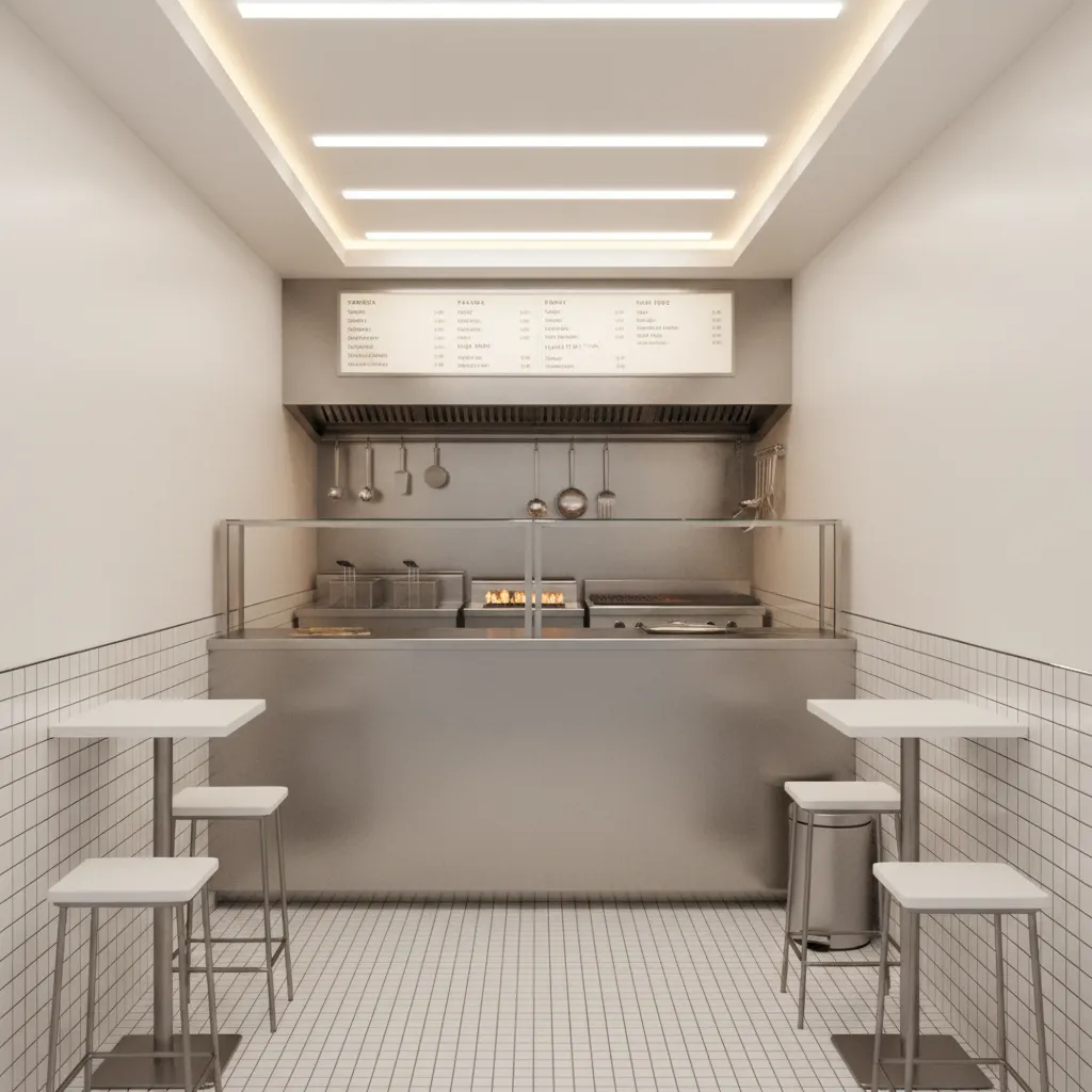 Small fast food shop with stainless steel counter white tiled walls and simple white seating area