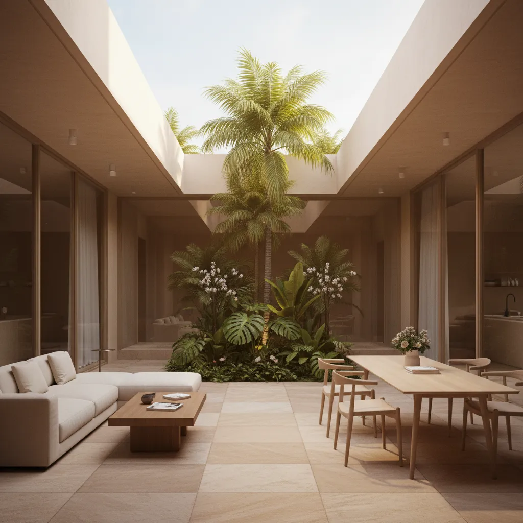 Compact Indian house interior courtyard garden bringing light into the home