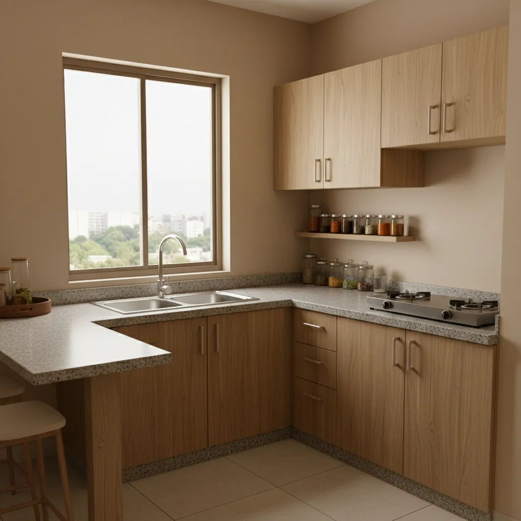 small Indian apartment kitchen with simple cabinets and granite countertop