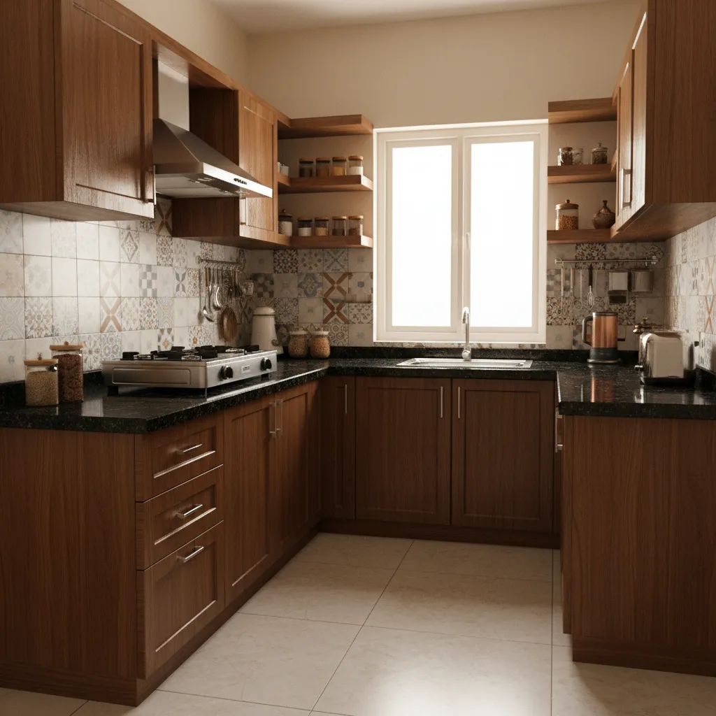 Small Indian L-shaped kitchen with granite counter and modular cabinets