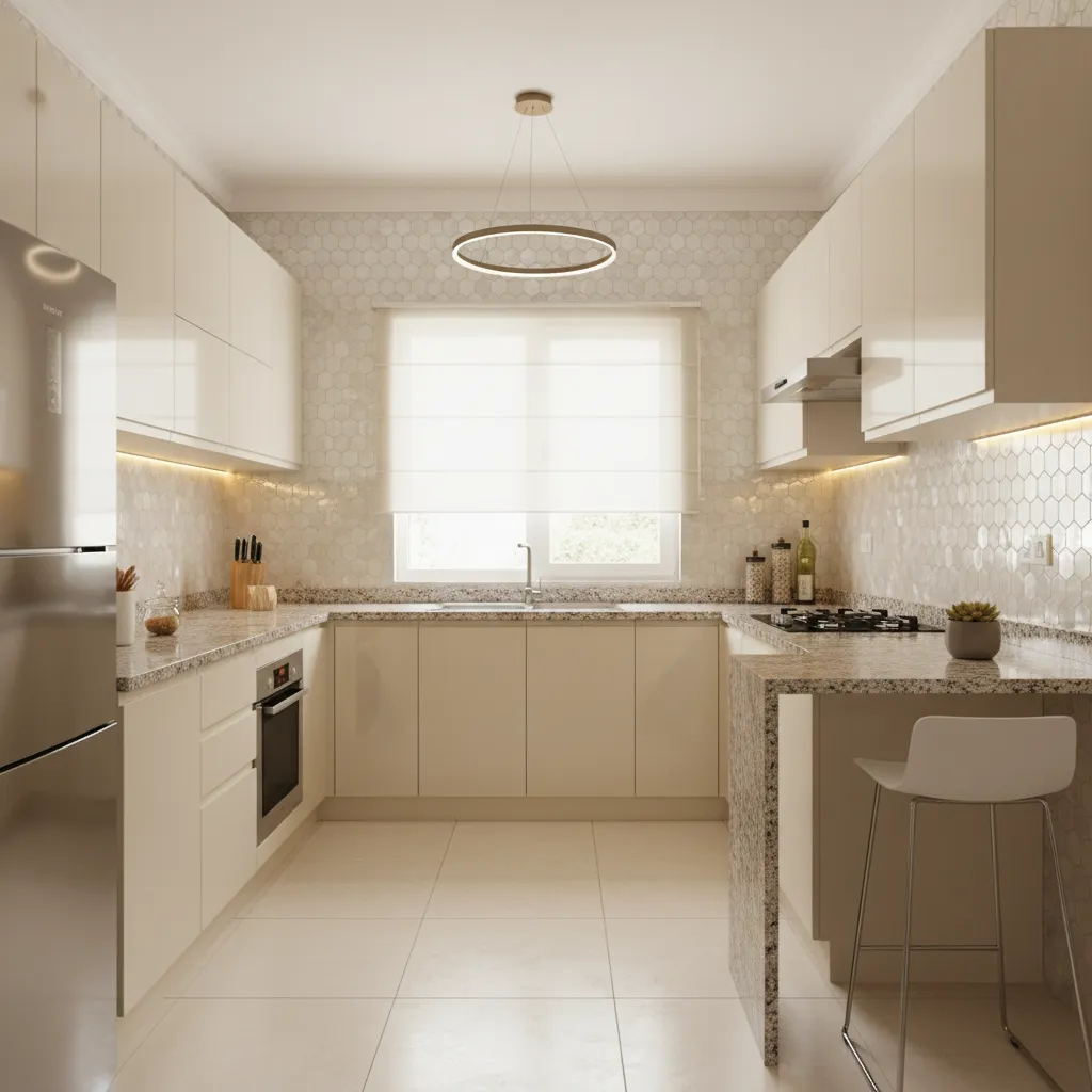 Light colored small Indian kitchen with glossy cabinets and LED lighting