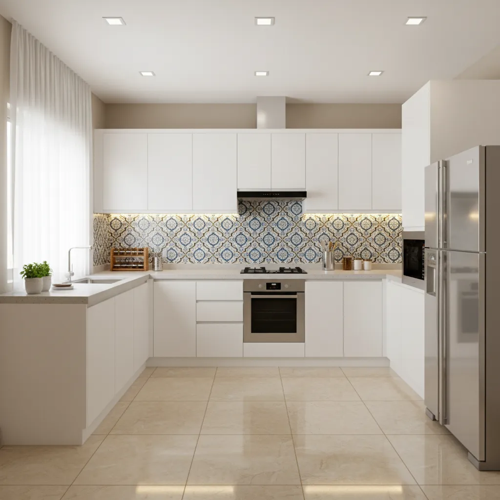 compact Indian kitchen using large floor tiles and patterned backsplash
