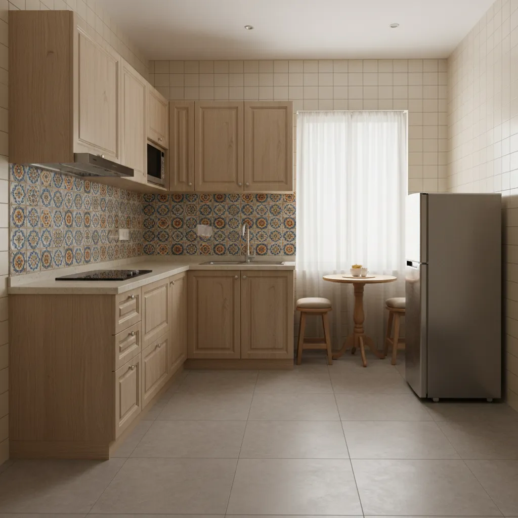 compact Indian kitchen with patterned backsplash and neutral floor tiles