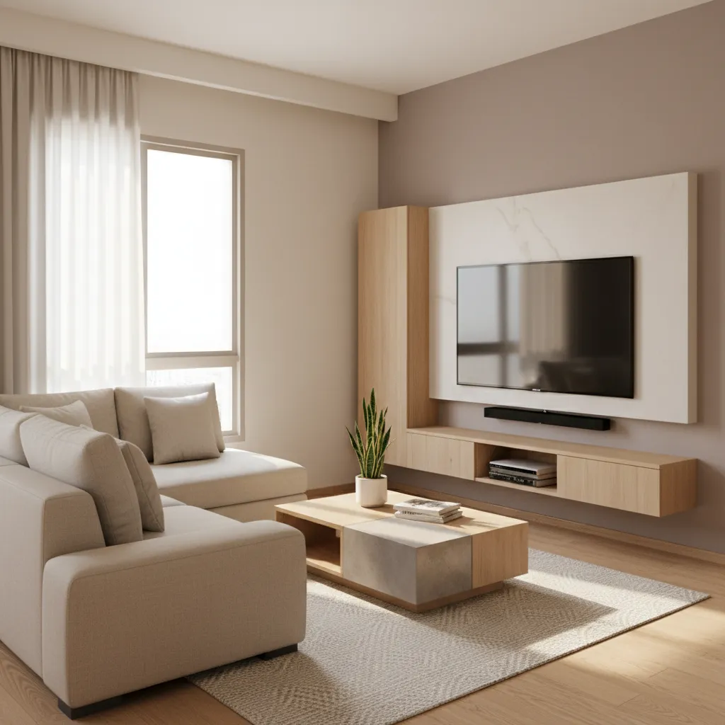 compact indian apartment living room layout with sectional sofa and TV wall