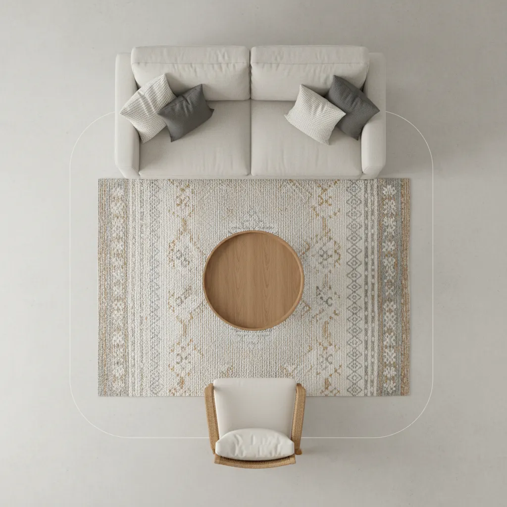 small indian living room layout showing sofa rug and seating arrangement