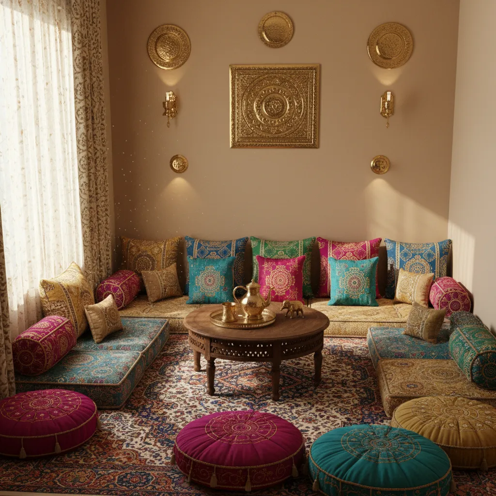 Small Indian living room with low seating cushions and warm earthy decor