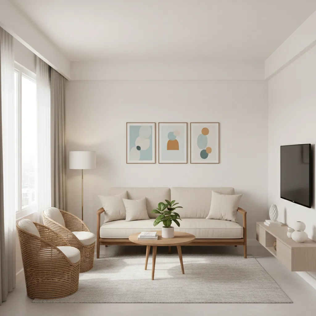 Compact Indian living room with slim wooden sofa design