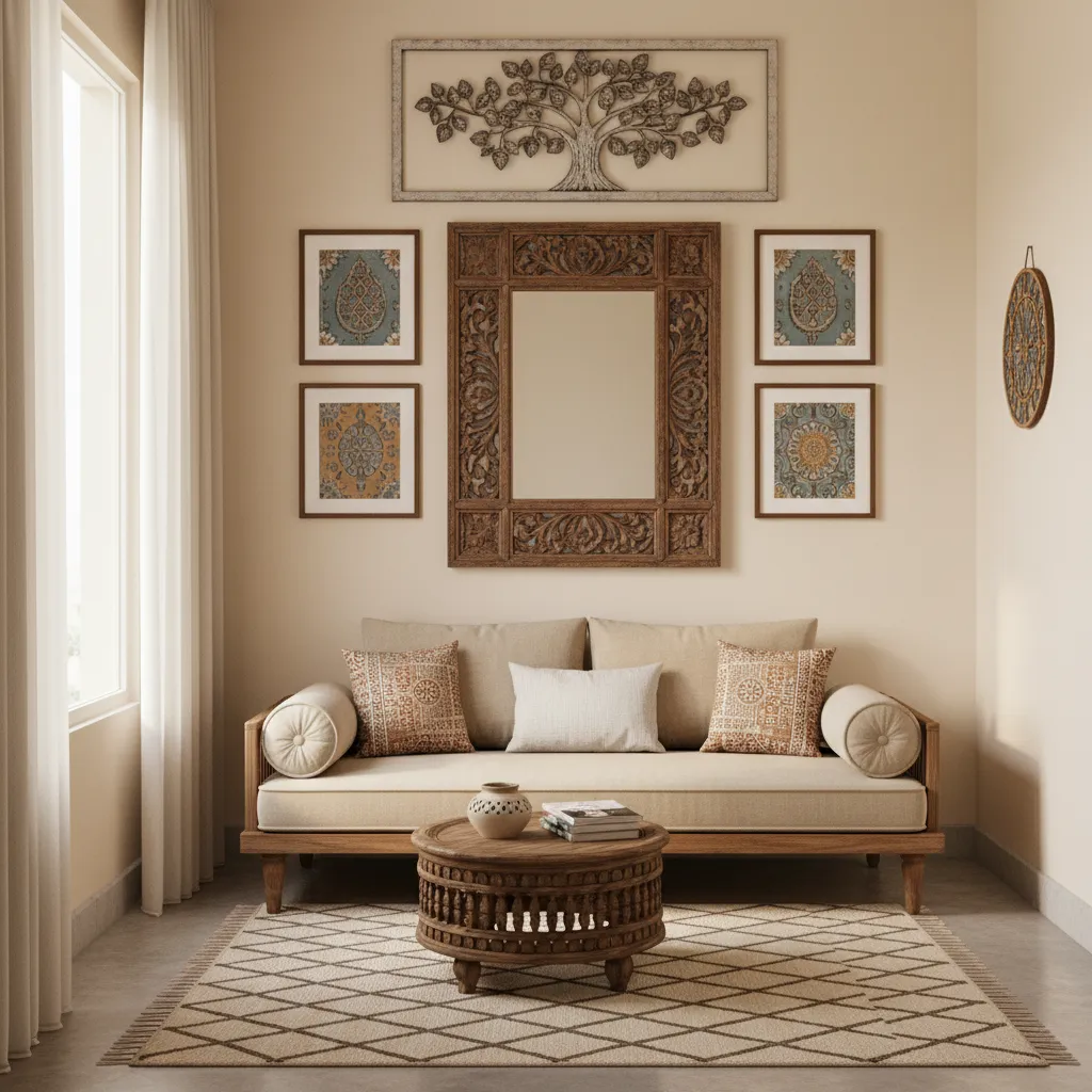 Small Indian living room with decorative wall art and vertical design elements